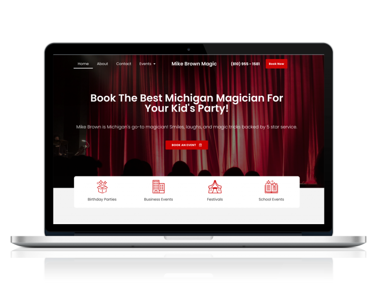 New mikebrownmagic.com website pictured on a mac screen. Magician web design by Sapphire Site Design.