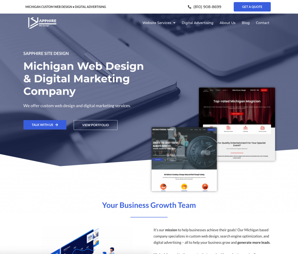 Screenshot of sapphiresitedesign.com - Detroit web design specialists.