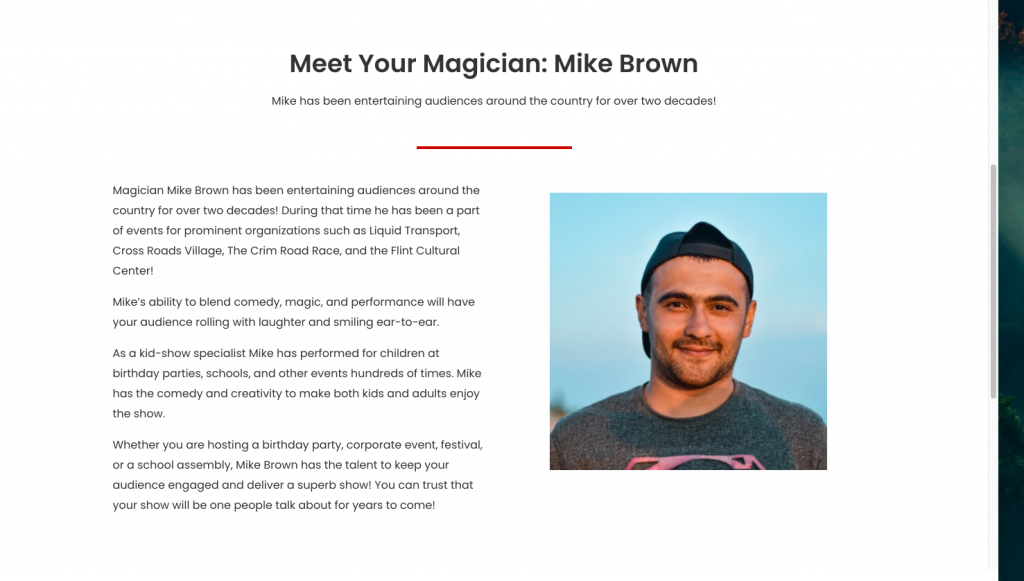 About page of Mike Brown, Michigan based magician.